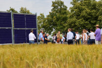 Menschen neben einem Feld schauen ein Photovoltaik-Modul an